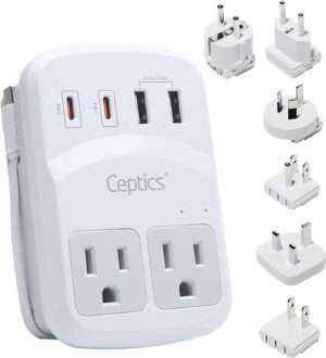 Ceptics World Travel Adapter Kit 2 USB-A, USB-C US Outlets, 20W/QC 18W Power Delivery, Surge Protection, SWADAPT Compatible for Europe, UK, China, Australia