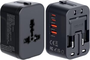 Universal Travel Adapter Fast Charger, Worldwide Plug Adapter 2 USB C PD3.0 & 2 USB-A Quick Charge, All in One International Power Adaptor GaN Smart Wall Charger 4 Ports for Phone Laptop USA EU UK AUS