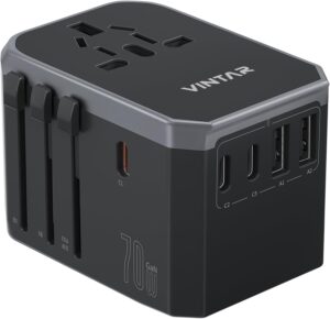 Universal Travel Adapter, VINTAR 70W GaN International Power Adapter with 5 USB Ports (3 USB-C), Worldwide Travel Plug Adaptor, All in One Travel Essentials Outlet Converter for UK/EU/USA/AUS, Black